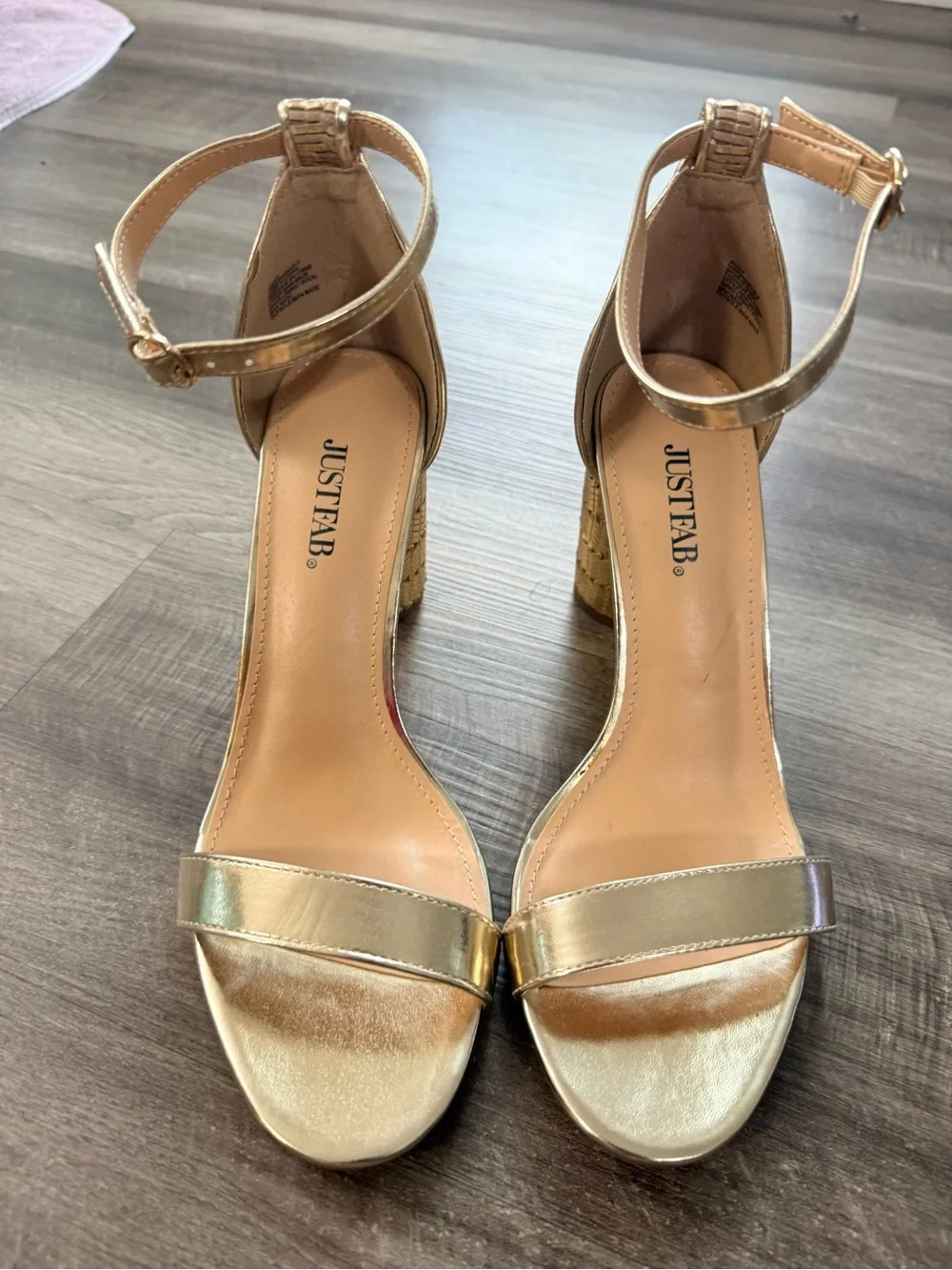 JustFab Metallic Gold Ankle-Strap Block Heel Sandals
